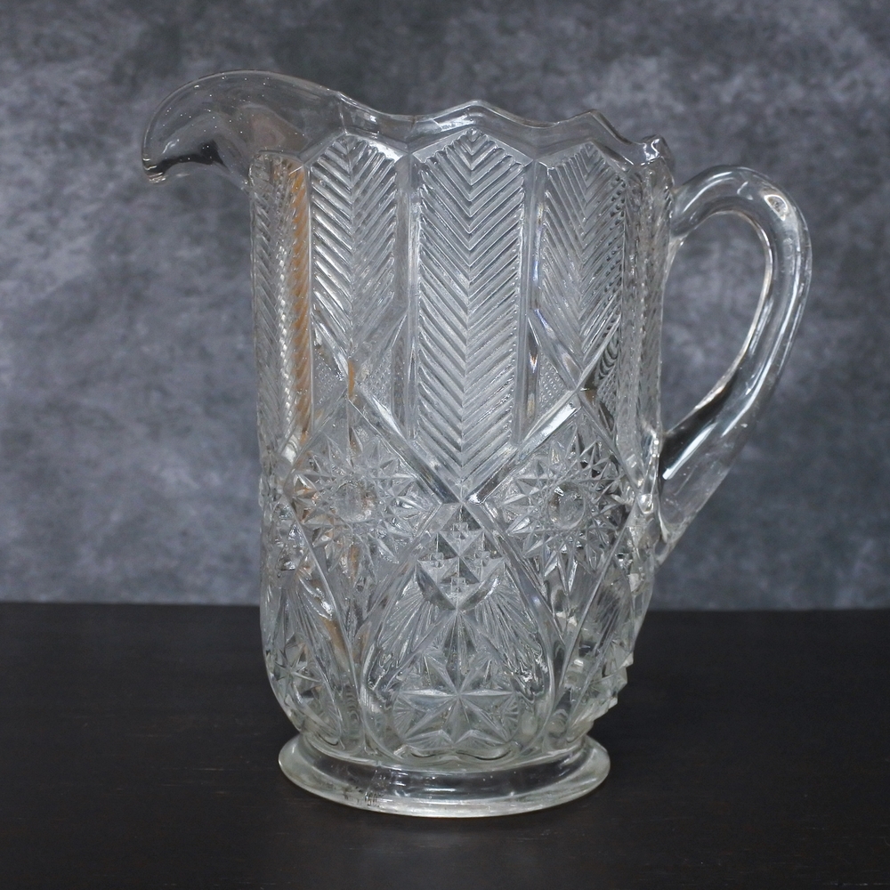 Vintage Clear Pressed Glass Star Chevron Pattern Pitcher Water Jug